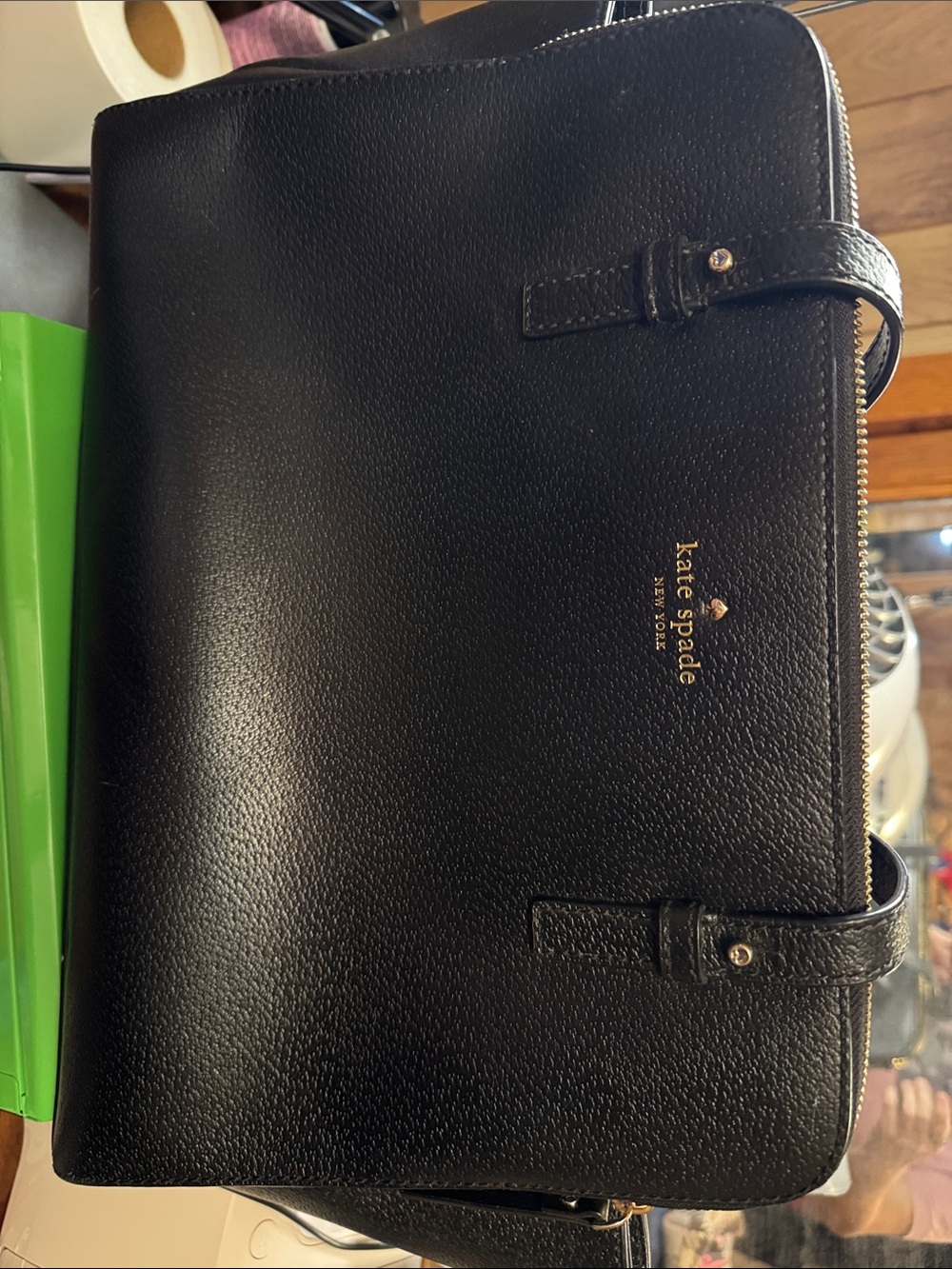 kate spade black pebbled leather briefcase tote with gold logo